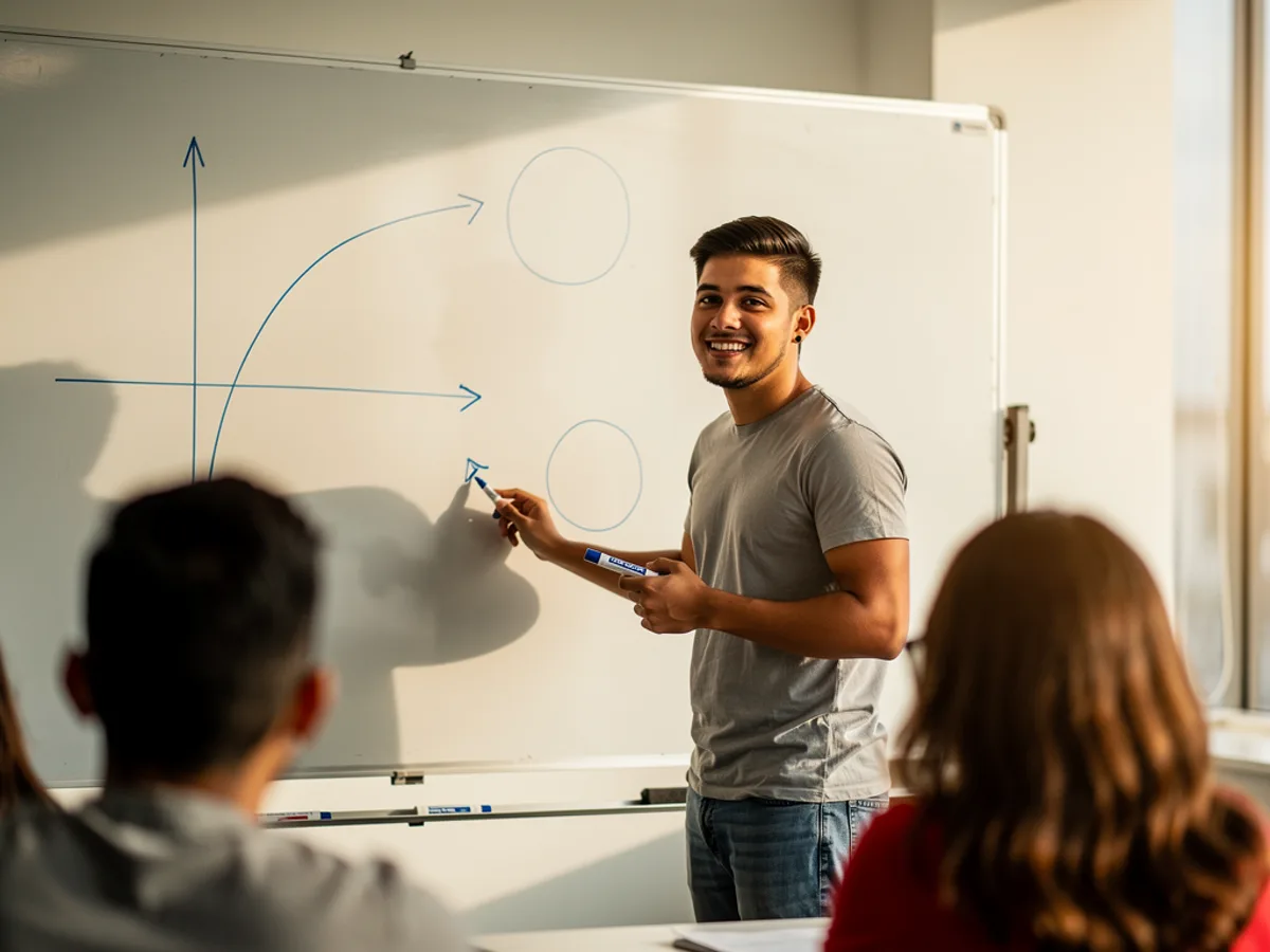 Tutor explicando un gráfico en una pizarra blanca a dos compañeros