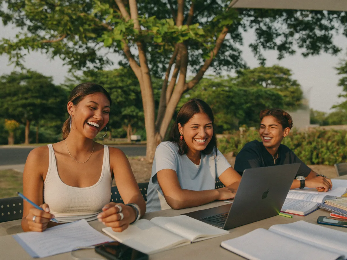 Tres estudiantes riendo mientras estudian en una mesa al aire libre del campus
