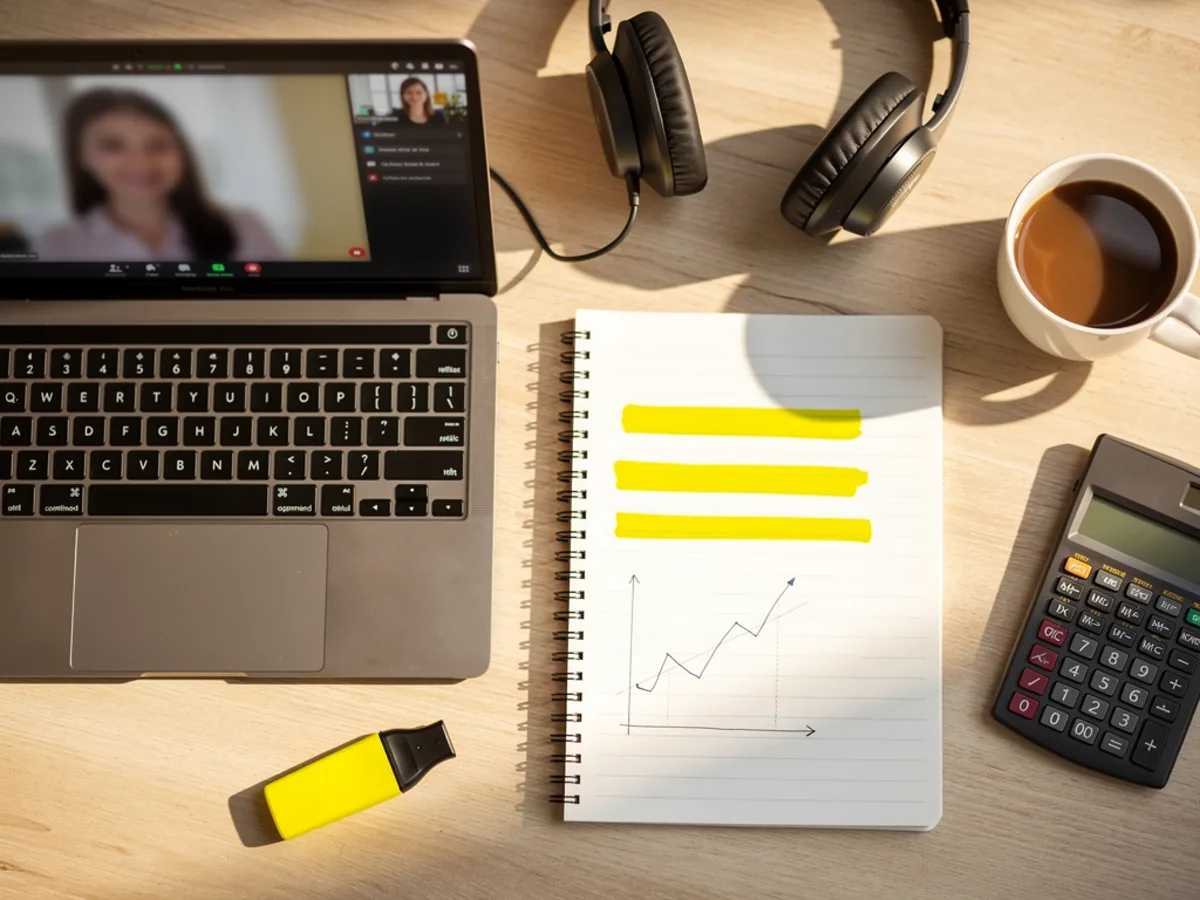 Escritorio con portátil en videollamada, cuaderno con trazos de marcador amarillo y calculadora